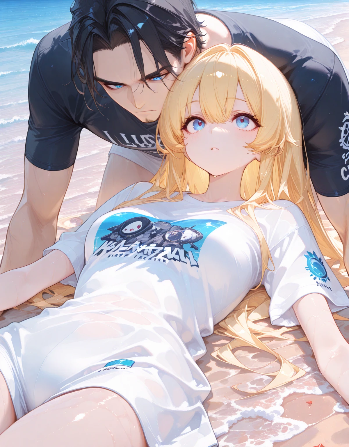 score_9, score_8_up, source_anime, highly detailed, femboy, otoko no ko, BREAK bridgetSDXL, 1boy, blue eyes, blonde hair, hair between eyes, medium hair, hood, hood up, handcuffs, bridget (guilty gear),, hair ribbon, frilled choker,bikini,blush,full body,smile,beach background
