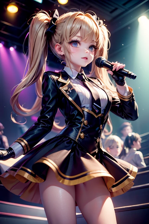 One adult woman,cool,Beauty,blush,Navy blue military uniform lolita,straight,long,Blonde,Blue Eyes,Big earrings,Singing on stage,Singing passionately,Sweat,Spotlight,