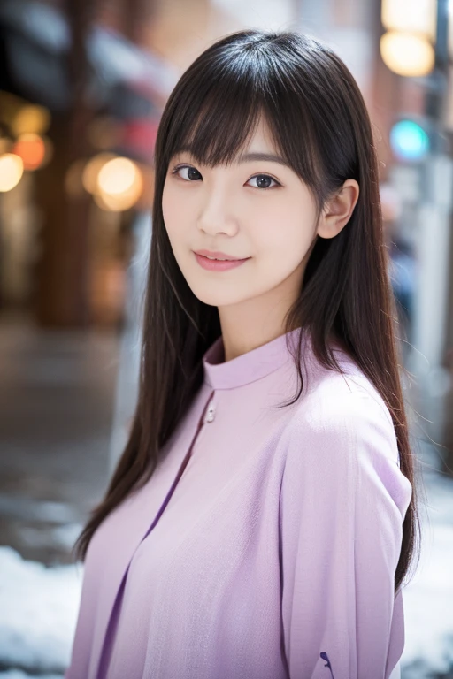 1 girl,(Wearing a light purple short-sleeved blouse:1.2),(RAW Photos, highest quality), (Realistic, Photorealistic:1.4), Tabletop, Very delicate and beautiful, Very detailed, 2k wallpaper, wonderful, In detail, Very detailedなCGユニティ8K壁紙, Very detailed, High resolution, Soft Light, Beautiful detailed girl, Very detailed目と顔, Beautiful and detailed nose, Fine and beautiful eyes,Cinema Lighting,Afternoon cityscape, Perfect Anatomy, Slender body, smile, Wavy long hair, (Bodies facing random directions), Face looking at camera,