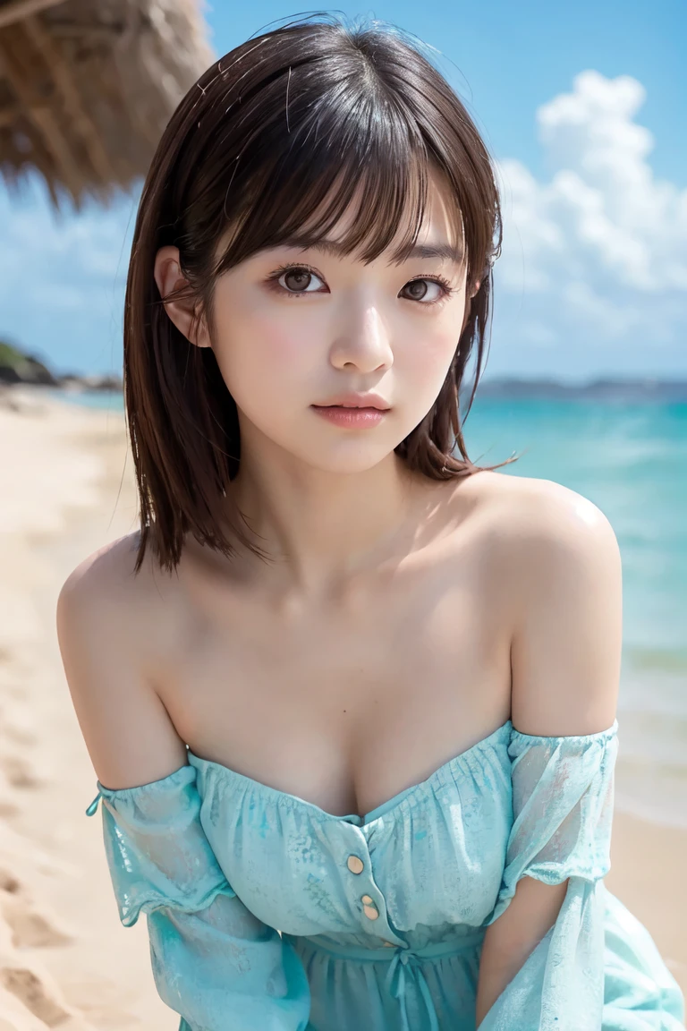 ((top-quality、Top image quality、超A high resolution))、18year old、独奏、((small tits:1.8))、flat breast、small tit、cute smile face、with round face、A dark-haired、short-cut、childlike 、Ultra-detailed and beautiful skin、Realistic and beautiful skin、Sandy beach and blue sky on background、Pink Micro Bikini、Super detailed and beautiful face、Realistic Young Gravure Idol