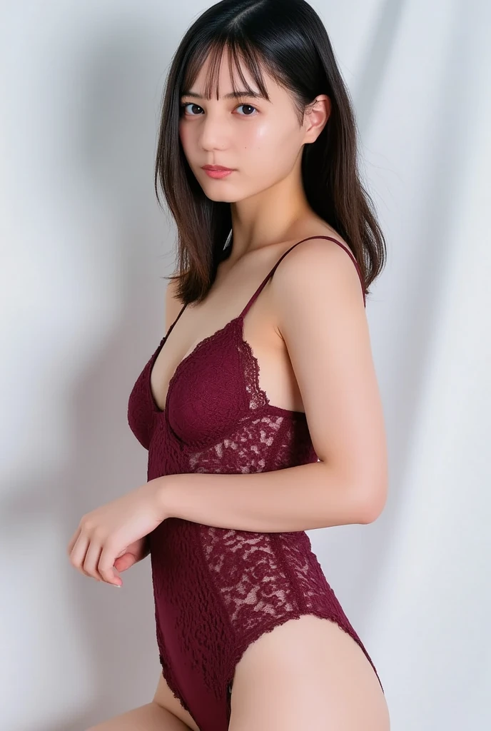(Highest quality, 8K, 32k, masterpiece, Ultra-high resolution: 1.2), 1 Girl, Beautiful Japanese Women, Tight waist, ((Full nudity)), Beautiful Face, short hair, naked, Cleavage, Adult Video,(Red lipstick、purple eye shadow)、Photo studio、Gray wall、(The wind is messing up her long hair)、Glare、Thighs、