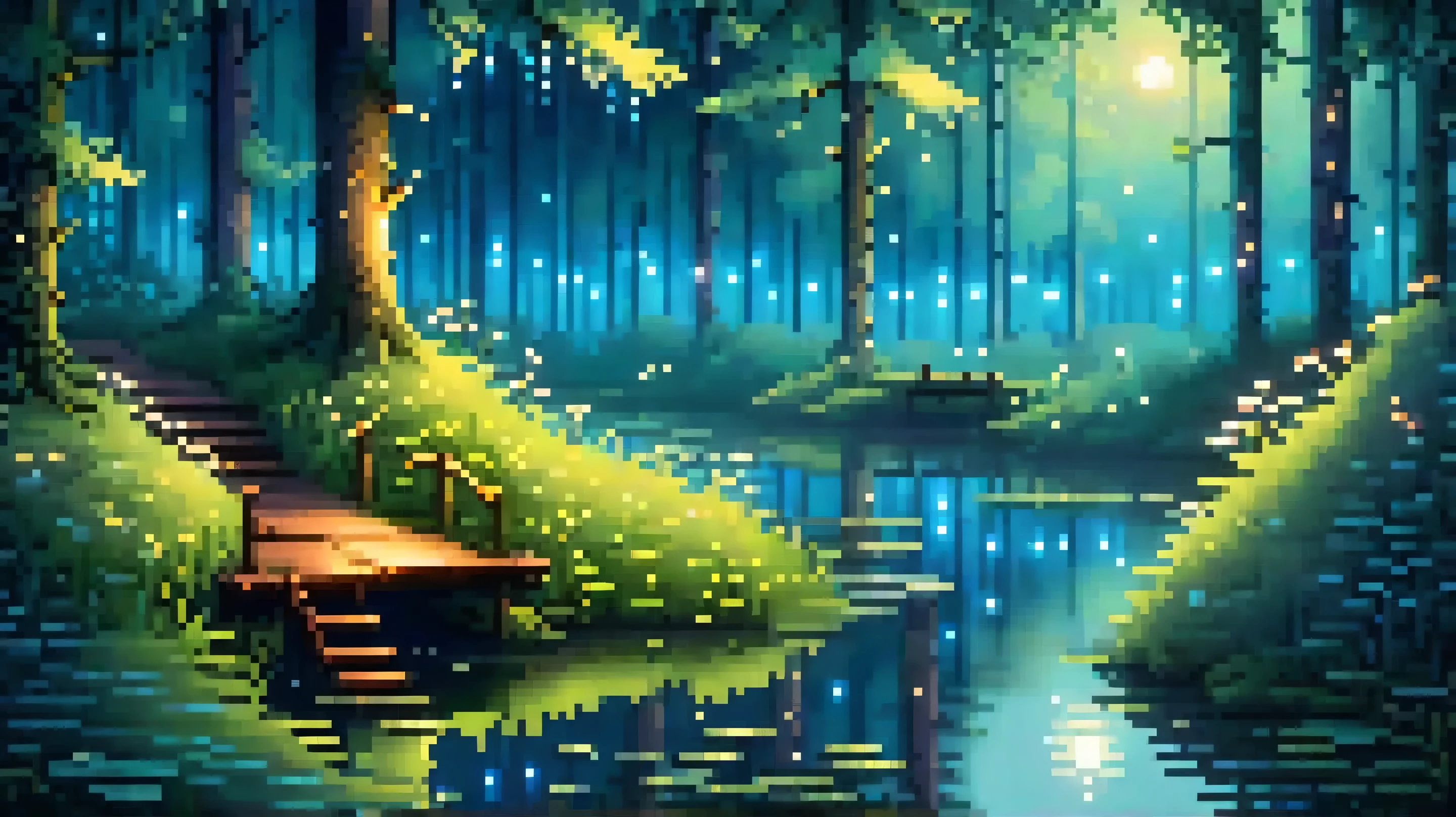 2D pixel art in retro video game style, 16-bit. A peaceful night in the forest with a small wooden bridge over a quiet pond. Glowing fireflies float in the air, soft moonlight illuminates the scene. Gentle blue tones, dreamy atmosphere, no characters, tranquil and calming mood.