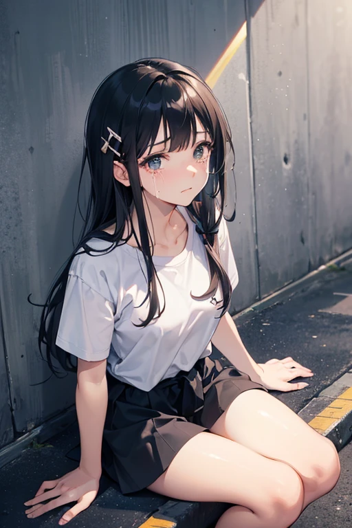 (short cute girl，small young student，young delicate girl）,（masterpiece，Top quality)，squat，pastel plaid skirt，long black hair