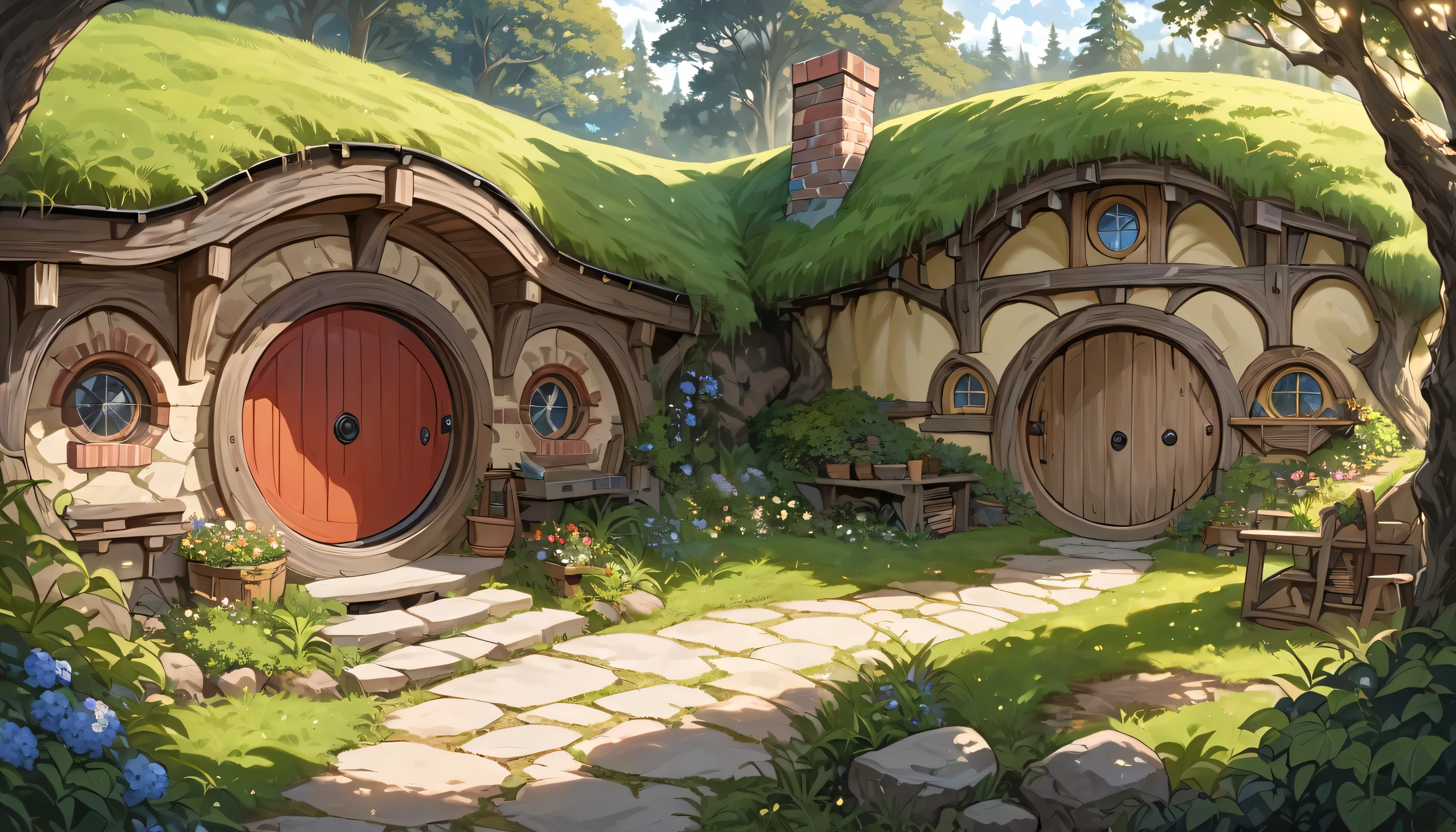((masterpiece, best quality)), high resolution, highly detailed, 32k picture, realistic, professional photo,    Hobbit Hole,  sky, day, tree, window, stairs, door, bush, house, path, night, deep forest, fireflies, bokeh, luminescent background,  ,