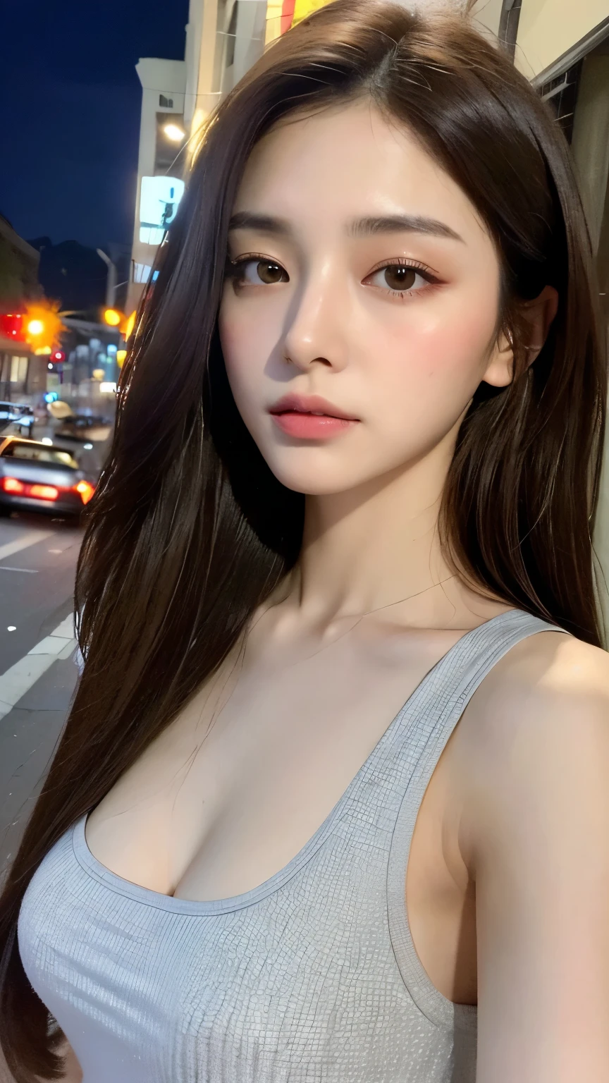 ((Realistic lighting, top quality, 8K, Masterpiece: 1.3)), Clear Focus: 1.2, 1 girl, Perfect Body Beauty: 1.4, Slim Abs: 1.1, ((Dark Brown Hair, Big: 1.3)), (Accelerate: 1.4), (Outdoor, Night: 1.1), Street, Ultra Slender Face, Fine Eyes, Double Eyelids, Exposed Cleavage, Incredibly Absurd, Messy Hair, Floating Hair,