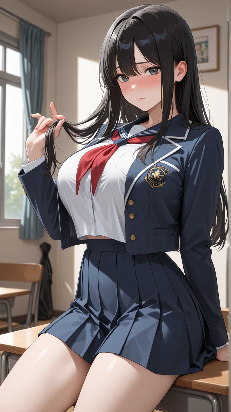 Yukino yukinoshita, long hair, cleavage, navel, slim legs, black hair, blue eyes, short skirt, thigh high socks, teen, happy, school uniform, library