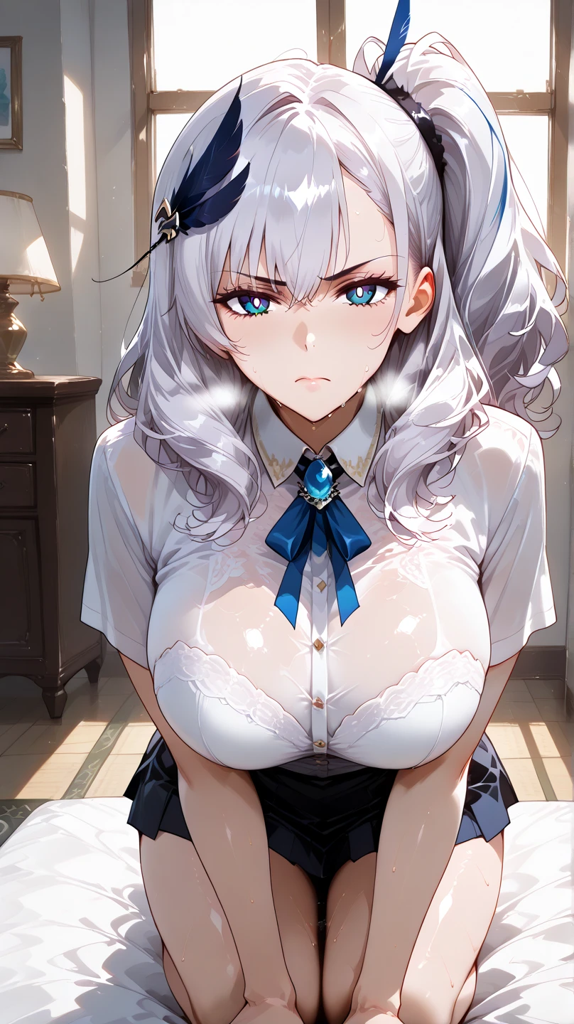 (masterpiece: 1.3), (Maximum resolution: 1.2), (Ultra HDTV: 1.2), Cinematic Light, 8K resolution, Detailed facial features , (Sharp focus: 1.2), (Focus on the face:1.2),Perfect Style, Beautiful Face, Acura, Anatomically correct, Highly detailed face and skin texture, Beautiful Eyes,Beautiful Eyes, Thin eyebrows, Glitter Eyeliner: 1 Natural Cheeks, Glowing Skin, Fair skin: 1.2, (Glossy lips: 1.4),、 (Embarrassed look: 1.2),Highly detailed face and skin texture, Natural Cheeks, , Glossy lips: 1.4,Perfect Style、Cleavage、Soft Breasts、(White mucus on chest:1.4)(White mucus on thighs:1.2)、 Overflowing sperm、Dripping semen、blush、A humiliating look、Anxious expression、A look of humiliation、Embarrassed look、Glare、anger、sorrow、tears、Open your knees、Spread your legs、 White underwear、White bra、Sparkly little earrings and necklace、Disheveled clothes、White panties、sweating、Thin underwear、stockings、28 Talent, A clean-cut woman,1 person、 Upward-facing chest, Old bedroom、On the bed、(On my back, ベッドにLying down, Lying in bed, Lying down, White sheets:1.3)、Black Hair、blonde、Silver Hair、Blue-gray eyes、Green Ash Eye,(Blue maid outfit:1.4)、Wet glasses、Masturbation、masturbation behavior、Masturbation、