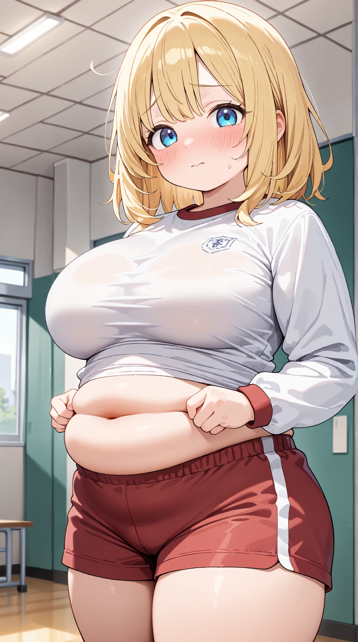(masterpiece, best quality, highly detailed), 1girls, big belly, huge belly, art by kipteitei, round belly, chubby, curvy, belly grab, enormous belly, fat belly, thicc, bigger belly, really big belly, jiggly belly, glasses, ((((extremely thight gym clothes)))), ((cum on belly)), smug face, sitting, ((full body)), long hair, ((dominant)), (giantess), Flandre scarlet