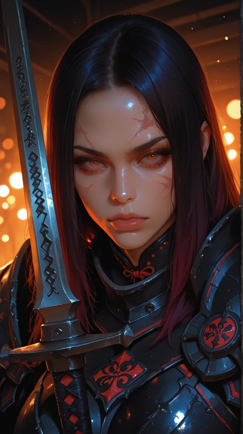 girl, Rotten Zombie Warrior, Evil look, sexy, Wield a spear, Demon Armor, Face Paint, Body Paint, Red glowing eyes, Combat Stance, Vibrant appearance, Creative Action, Imaginative, Sensual, Voluntary, Highest quality, Skin Texture, Intricate details, (Cinema Lighting), RAW Photos, 8k