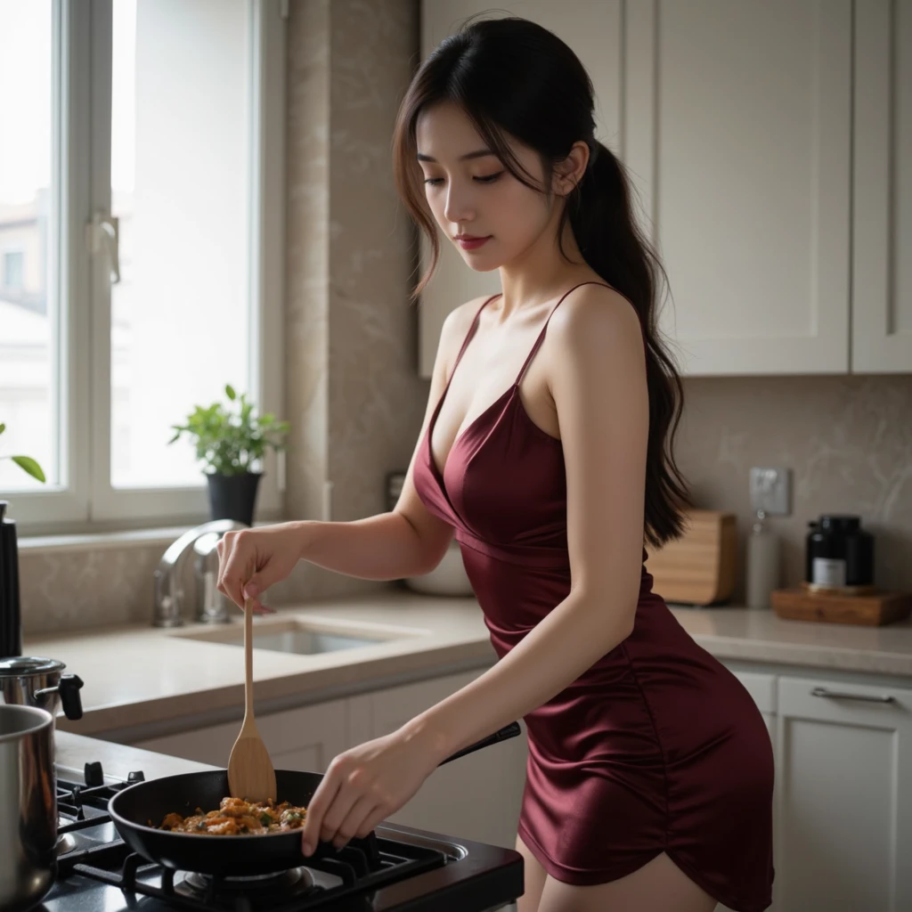Beautiful asian woman, brown bery short hair, bery shir hair, circle eyes, perfect body, big breast, tall girl, red negligee, red lips, light skin, cooking, kitchen, smile, beauty