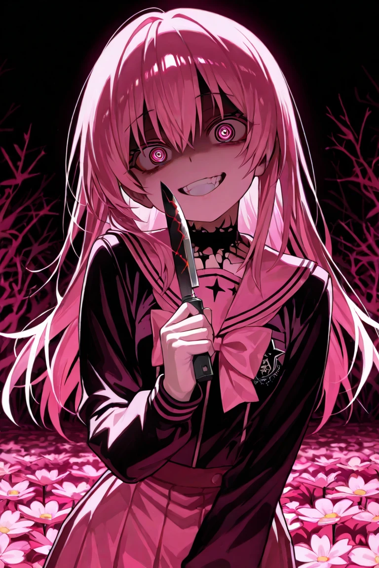 masterpiece, best quality, absurdres, greyscale
BREAK <hypernet:gesugao-style:1.1>, gesugao, (evil smile:1.1), looking at viewer, sharp teeth, <lora:crazy-expressions:1>, (crazy blue eyes with small pupils:1.2), yandere, pink hairs,
BREAK <lora:love-is-war-fujiwara-chika-lycoris:1>, fujiwara_chika, shuuchiin_academy_school_uniform, long sleeves, looking down, (shaded face:1.2), black dress, holding knife, (blood splatter:1.1)