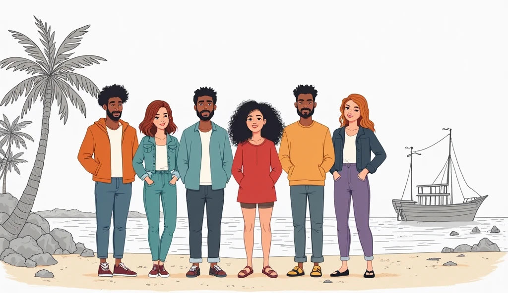photo de jeunes hommes et jeunes femmes noires en short et chemise entrain de s'amuser en tenue de plage sur fond blanc