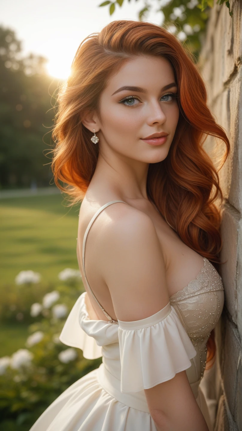 a woman in a white dress posing for a picture, a photorealistic painting by Alexander Kucharsky, featured on cg society, romanticism, beautiful sexy woman photo, white sundress, beautiful woman with long wavy red hair, emerald green eyes, full lips and light red lipstick, smiling, random pose, distant full body view, view from random side and rand angle, ultra realistic, 16k