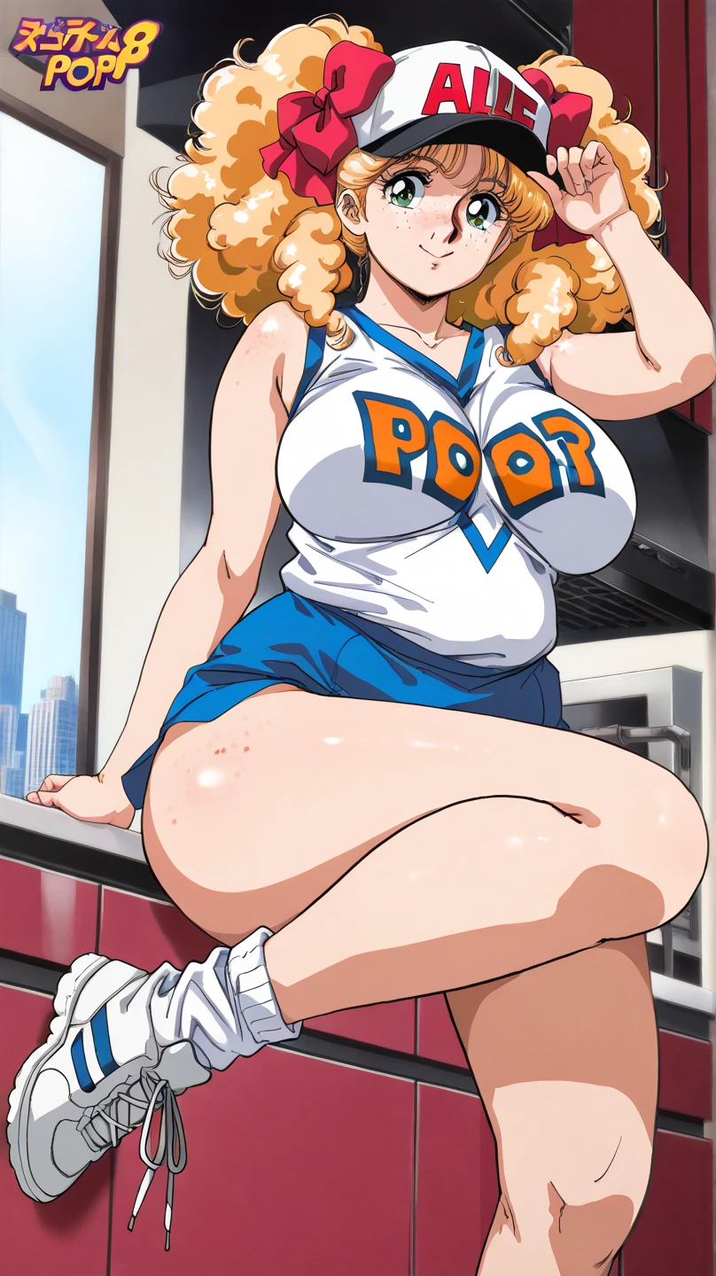 1990s \(style\), retro artstyle, 1990s anime cels style, best quality, high resolution, magazine cover, city, smile, 1girl, dark skin, bloede hair, twintails, (huge breasts:1.2), azuki, gyaru, tied shirt, open clothes, leopard print bikini, cleavage, clothes around waist, pleated skirt, squatting