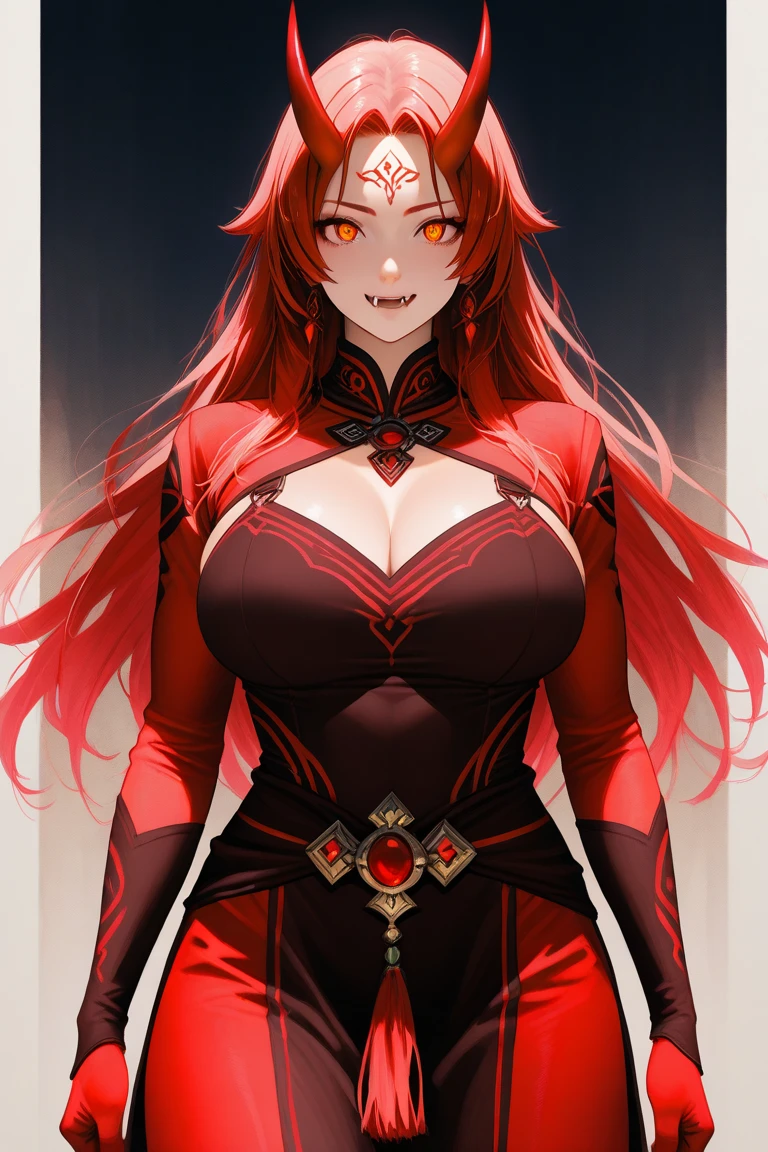 A girl with red hair and yellow eyes,that has big breasts ,cazadora de demonios con uniforme de cazadora de demonios Kimetsu no Yaiba pilar Kimetsu no yaiba. Kimetsu no yaiba