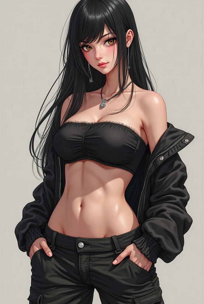 最high quality、best image quality、masterpiece、teenage girl((15 years old、 by becoming、vest bust、medium bust,wide open breast tea、black eye, black hair、long hair、thin,highest valley、cute makeup、punk clothing、best smile、Red Face Paint、distressed jeans、distressed jacket、black sports bra、Rear view、turn around、walk)),high quality、beautiful art、background((virtual hotel)),pieces fly、Depth of written boundary、movie、visual art、perfect art、