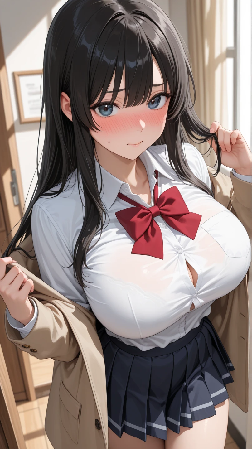 (best quality:1.2), (ultra detailed:1.2),(masterpiece:1.2),(8k:1.2),(Blessed,Captivating body、Ultra detailed hands、Ultra-detailed eyes、Ultra-detailed skin、ultra-detailed face,Detailed Background),One Girl、(white dress shirt, naked shirt,cleavage ,open shirts,large shirts,no panties,bottomless,),(ecstasy, aroused:1.5), ts1, leg ribbon, neck ribbon, midriff, breasts