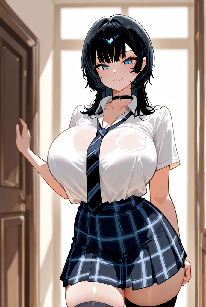1 woman, 17 years old, (Korean Wolf Cut haircut, black hair), scared face expression, plump body, blue eyes, Indonesian high-school uniform, (wearing transparent white shirt, showing bra), osis logo on shirt pocket, huge XL breasts, light-grey pleated skirt, sitting on a chair, seductive pose, full body shot, smiling, in the classroom.