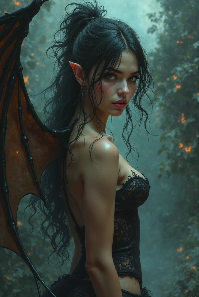 Has a body that is half angelic and half devilish、Beautiful and kind woman、(((Fallen angel with dragonfly and bat wings)))