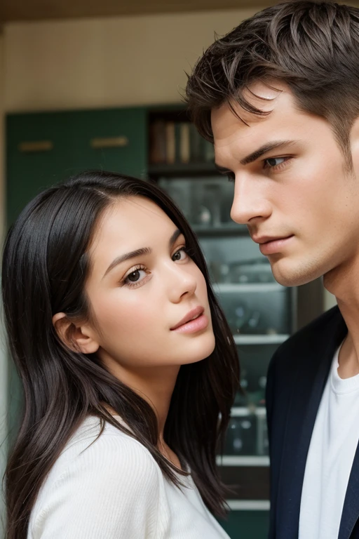 a man is sitting with a woman. A man leaned his head on the shoulder of a woman wearing a shirt and a watch on his arm. a woman is sitting right in her blouse looking at the camera. a woman's hairstyle is a short haircut on the background of an interior in a classic style