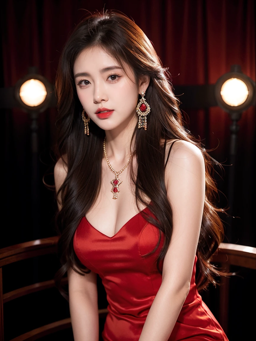 (Best Quality, Masterpiece, Photo realistic, Ultra Detailed, ultra high res, raw:1.perfect body, 1girl, parted lips, red lips, glitter eyeliner:1.4, upper body closeup, bedroom, japanese, 20years old, navel, shiny red dress, laces, white skin, cute, messy hair, red choker, ruby necklace, shoulder length luxury earings, looking at the viewer, gold eyes,red hair
