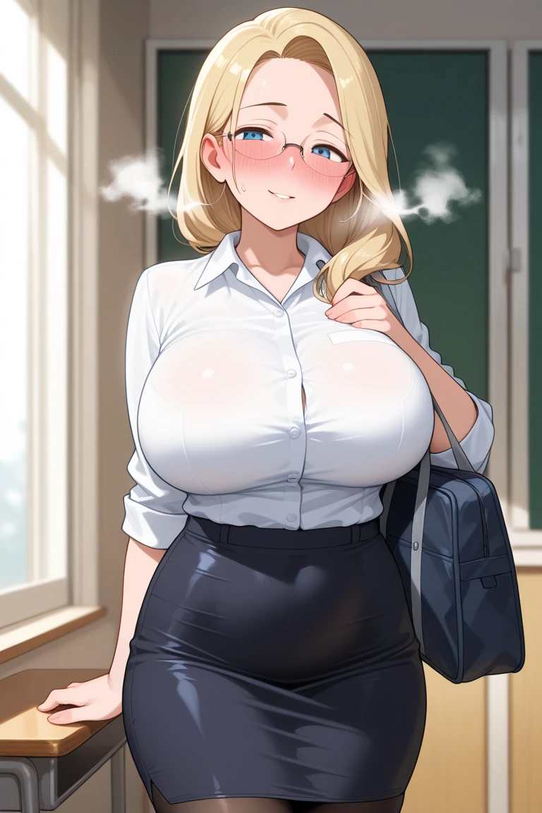 ((highres)), Masterpiece, high quality, best quality, beautiful, perfect lighting, detailed face, ultra cute face, ((1girl)), ((solo), long blonde hair, ponytail, blue eyes, glasses, ((blush)), embarrassed, looking at viewer, arms crossed, standing in a classroom, (classroom), daytime, dress shirt, pencil skirt, thigh highs, wide hips, ((thick thighs)), (chubby), fat ass, medium breasts, perky breasts, 24 year old female,