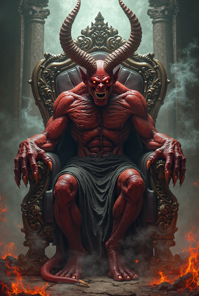 satan on his throne ruling, skin red, Open legs, hair from navel to groin, Swim trunks with bulge, Chubby, Hairy, Bearded, high resolution, ultra-detailed , sharp focus, intricate details