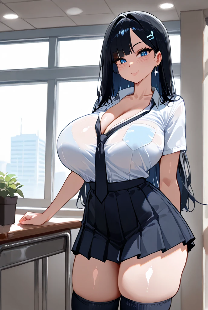 Hot sexy beautiful girl ,heart earrings,brown hair,blush,black eyes, , black hair, lipstick,huge
breasts ,white shirt,blue skirt,tie,id card,socks,shoes,belt, cleavage ,bangs between eyes