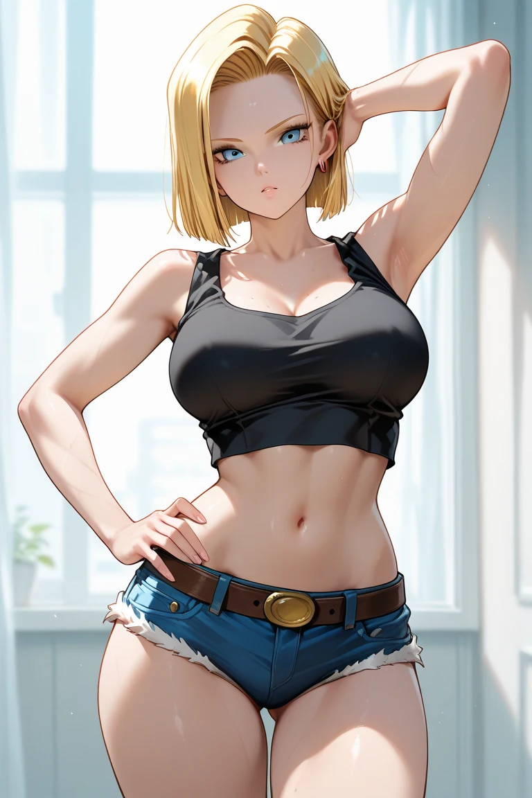 masterpiece, best quality, highres, mi1, dark skin, blonde hair, ahoge, green eyes, blue eyes, bikini top only, swimsuit, short shorts, collar, denim shorts, thigh holster, bending down, rear view, surprised, blushing, thick thighs, hourglass figure, seductive