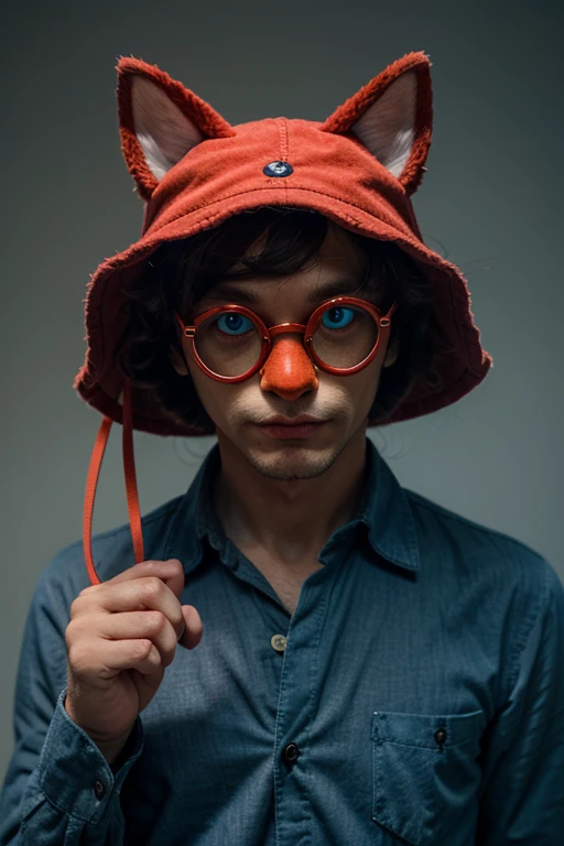 little boy teen,Wearing red monster mask,holding a magnifying glass,Stick out your tongue,Study something