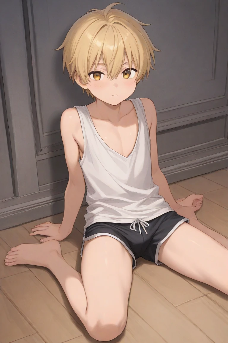 Blue pupils, Light yellow fluffy body, Light yellow furry tail, Boy cat,Exquisite wallpapers,Very cute,The popular style of the P station,One role solo,Light yellow cute fluffy little long legs,Shotai style,Blushlush,Skinny sports shorts,White sport socks,Focus on the legs