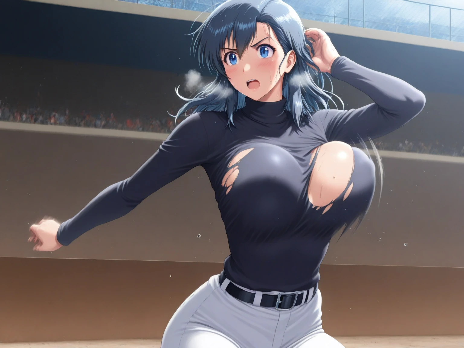(acrobatic jumping, floating hair, broad shoulders, little biceps, long belly, showing off, upper body view), wrestling arena with audience, (totally naked, totally naked, jeans with belt, nipples), ((thick arm)), , wrestling arena with audience, anime style, cute , beautiful , nice body, soft body, (hinata\(boruto\), (slender body), mature woman , big breasts, broad shoulders, off-shoulders, (totally naked, nipples, mile, closed mouth, pale skin, , smile, (dark blue hair color:1.1), wavy hair, floating hair, ((very short hair, hime cut، loose hair), big breasts, (perfect eyes, white sciera, bright eyes, white eyes, anime eyes)