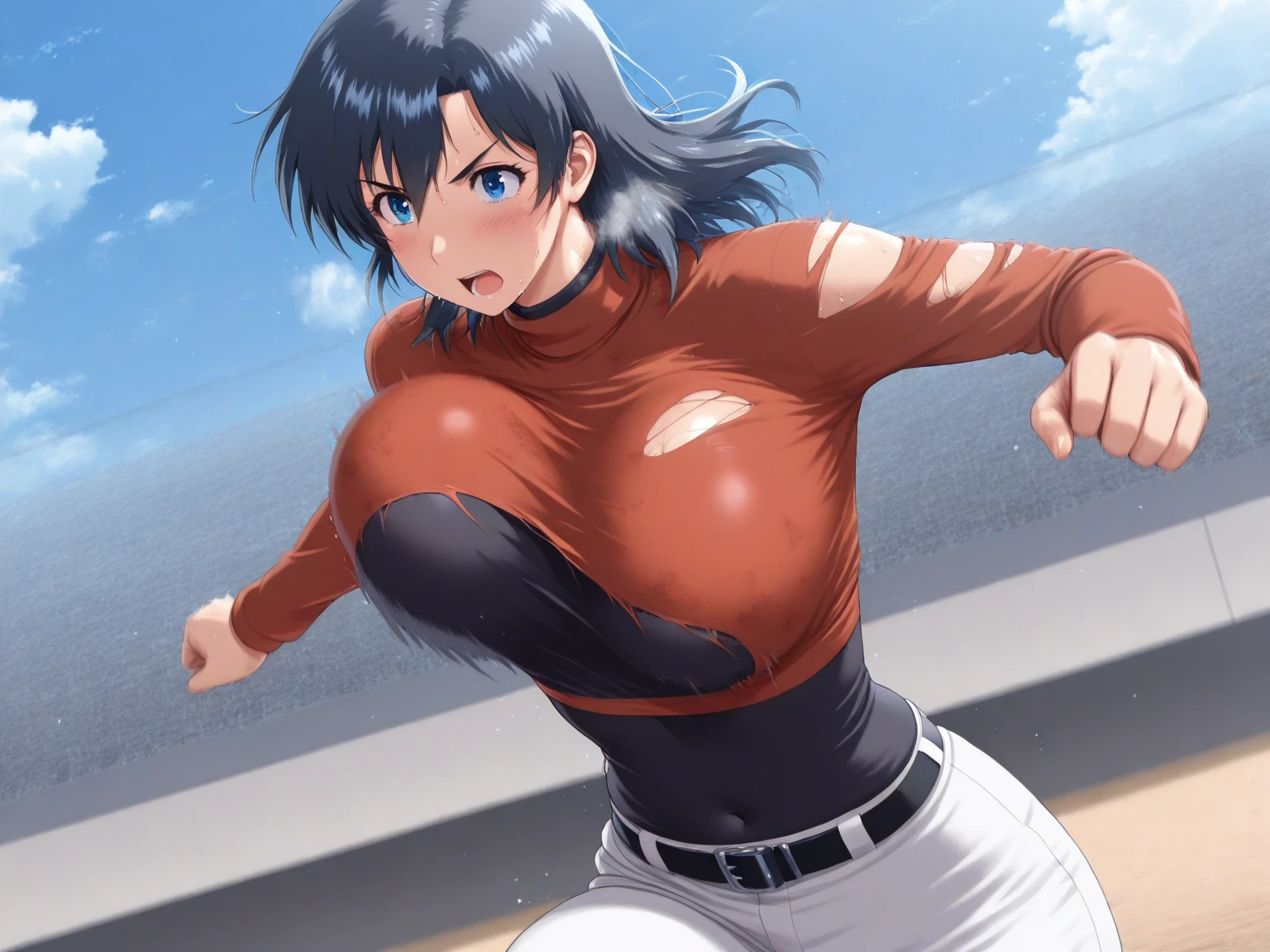 アニメ,Perfect Anatomy,Suguha Kirigaya,1female,crossed eyes,(rolling eyes),open mouth,(tongue out),(crying),(white highleg leotard),((micro skirt)),short hair,large breasts,(slim body)