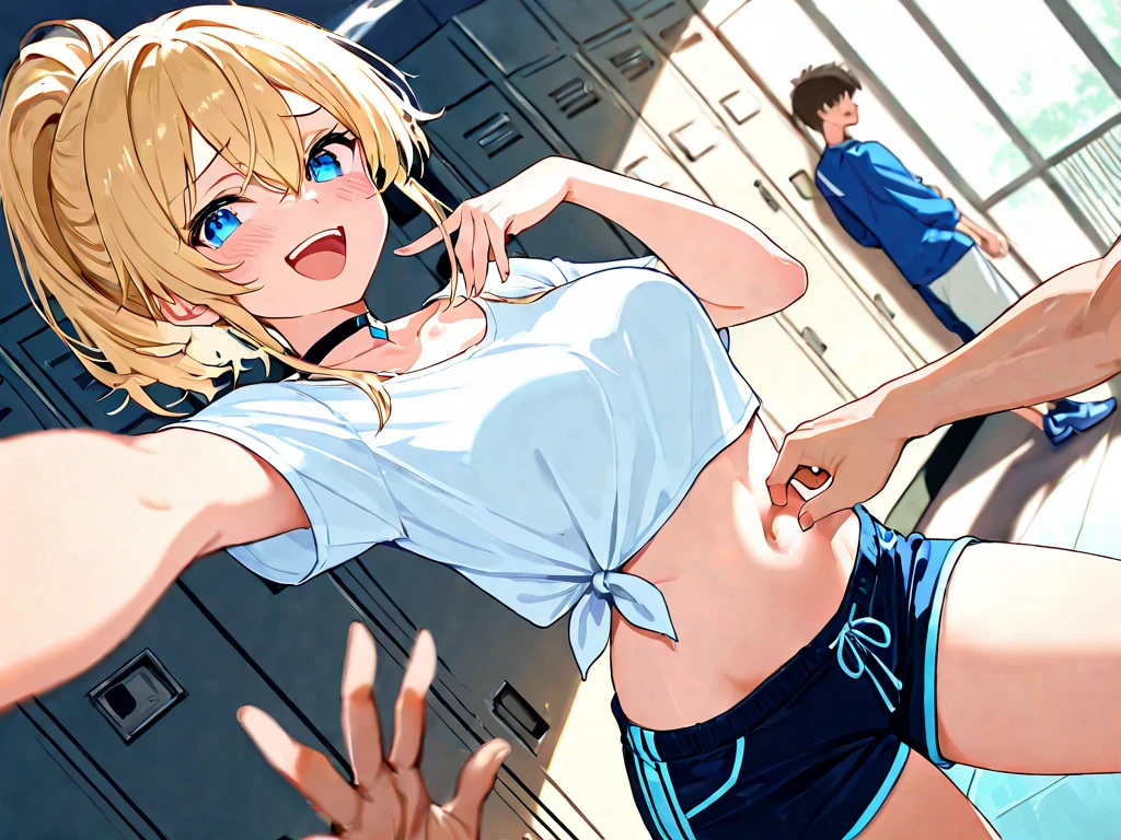 2D Anime Style、Blue eyes、breasts are slightly larger、A cool adult woman with short blonde hair came home with a tired expression.,Walking while taking off sweat tops and sweat shorts that show your stomach