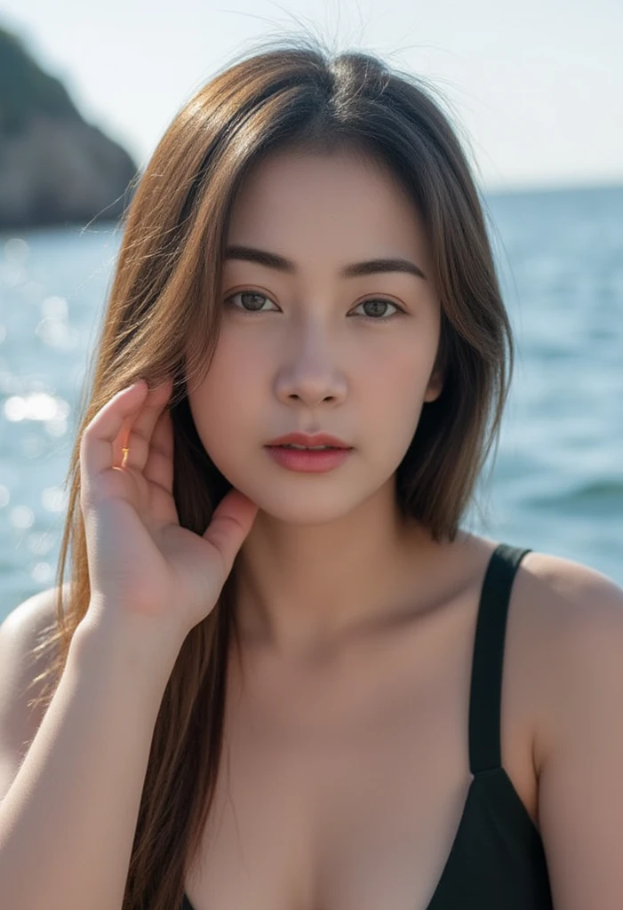 ((Highest quality, 8ก, Masterpiece: 1.3)), Point of interest: 1.2, perfect beauty: 1.4, Astok: 1.2, ((Layered hairstyle, chest: 1.2)), (Wet clothes: 1.1), (sunset, beach: 1.3), Half-length floral dress: 1.1, Highly detailed facial and skin textures, Narrow eyes, Double eyelids, Make your skin whiter., long hair, (shut your mouth: 1.3), smile, unreal beauty, hair design