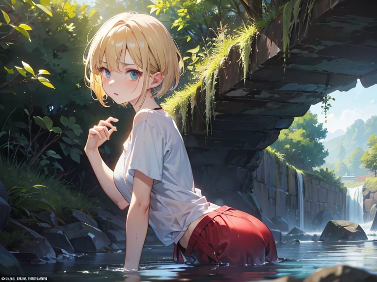 girl, Solitary,Lying forward,Prone tumble,Bangs, Long eyelashes, beautiful eyes, full,Tube Top,Short skirt,stocking, leggings,(Brushstrokes, Impressionism, painting,Rich scenery)、Disheveled,Chest contour、(((Wet clothing))(((Ultra-thin clothing))),((Flesh outline)),Grinning