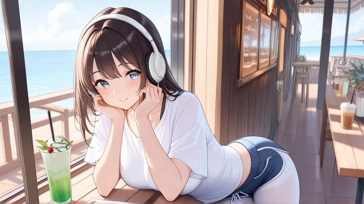 ((Top Quality)), ((Masterpiece)), ((Details)), perfect face, perfect body, sitting on the beach, listening to music, wearing headphones, wearing swimsuit, swimsuit transparent, tight with buttocks and breasts exposed Woman with clothes on and face visible