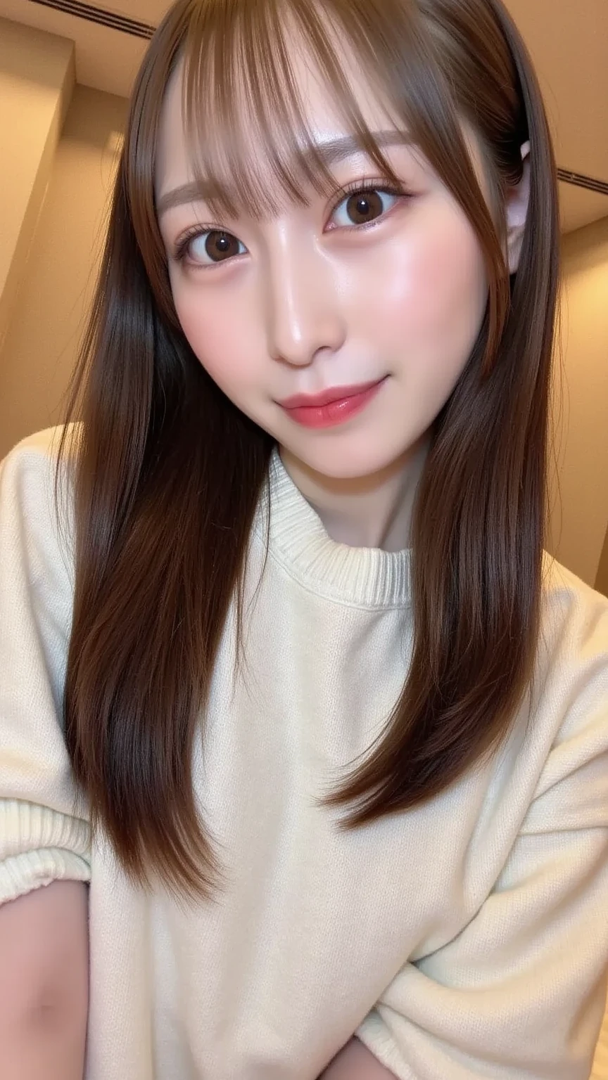 ​masterpiece, The highest image quality, hightquality, beautiful a girl, japanes, Japan schoolgirl, Popular Korean Makeup,Sweater that kills virgins、 detaileds, Swollen eyes, A detailed eye, Detailed skin, Beautiful skins, 超A high resolution, (现实:1.4), very extremely beautiful, Slightly younger face, Beautiful skins, slender, (A hyper-realistic), (hight resolution), (8K), (beautifully detailed eyes), (ultra-detailliert), (wall-), (详细的脸), looking at the viewers, finely detail、A detailed face、pureerosfaceace_v1、A smile、Looking straight ahead、Looks straight from the waist up、photos realistic、Bright lighting、length hair、Winter City