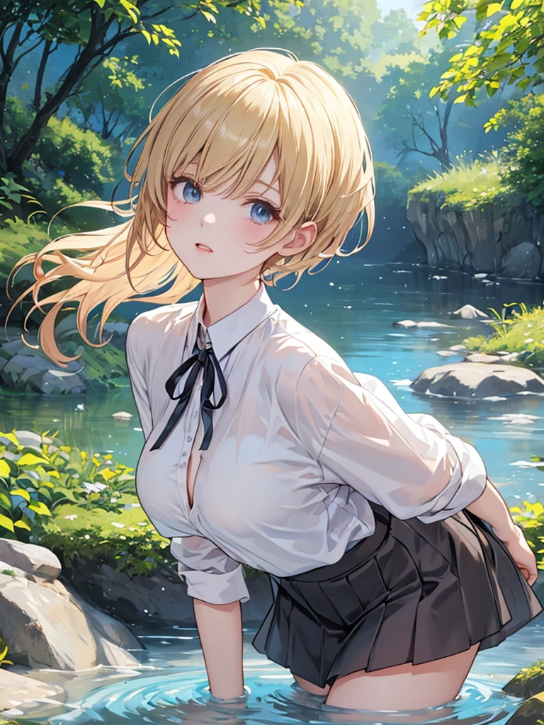 (best quality,4k,8k,highres,masterpiece:1.2),ultra-detailed,(realistic,photorealistic,photo-realistic:1.37),anime woman, medium hair, blond hair, big thighs, casual clothes, cleavage, thigh high, soft smile, nature park background, raining, wet clothes, water drops on skin, vibrant colors, soft lighting