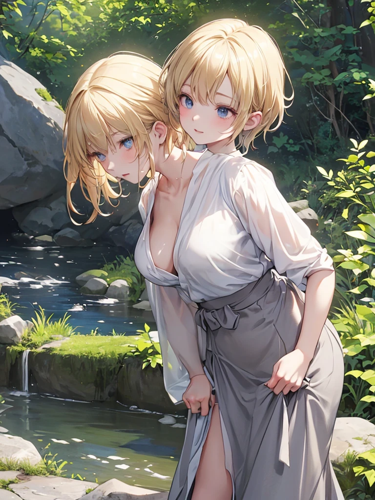 (absurderes、Absolute resolution、incredibly absurdness、hight resolution、ultra-detailliert:1.0、Official art)、master piece, Sharp Focus ,Delicate Beautiful Hair and Eyes and Face, Lifelike, Hyper-detailing, 2 Mature women, Dynamic Hair, slender,pale skin, Nudists, natural(Colossal tits:1.2), cleavage of the breast,((The areol)),(teats),((exposed breast)), ((cum on chest)),((cum on the body)),((Bukkake)),((covered in cum)), Beautiful cute woman,,(Delicate pale blonde hair),(length hair),delicate dark green eyes, , Sexual temptation, A look of frustration,(breast rest)、(((arms behind back))), a plant, Beautiful spring in the forest