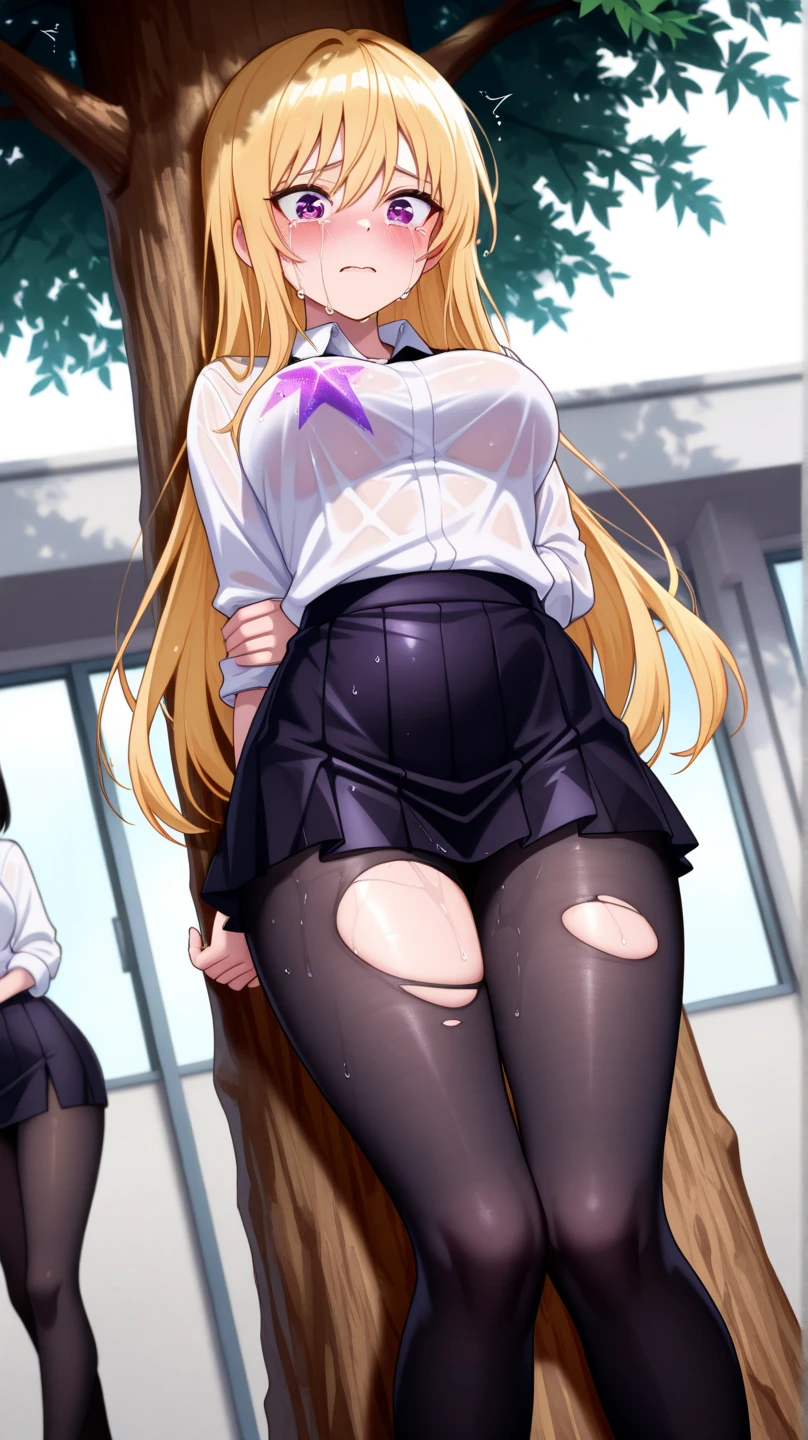 1girl, blonde hair, office, (office skirt), shirt, (angry), (hourglass figure), black tights, (black skirt), (from below), ((pussy)), ((naked pussy)),