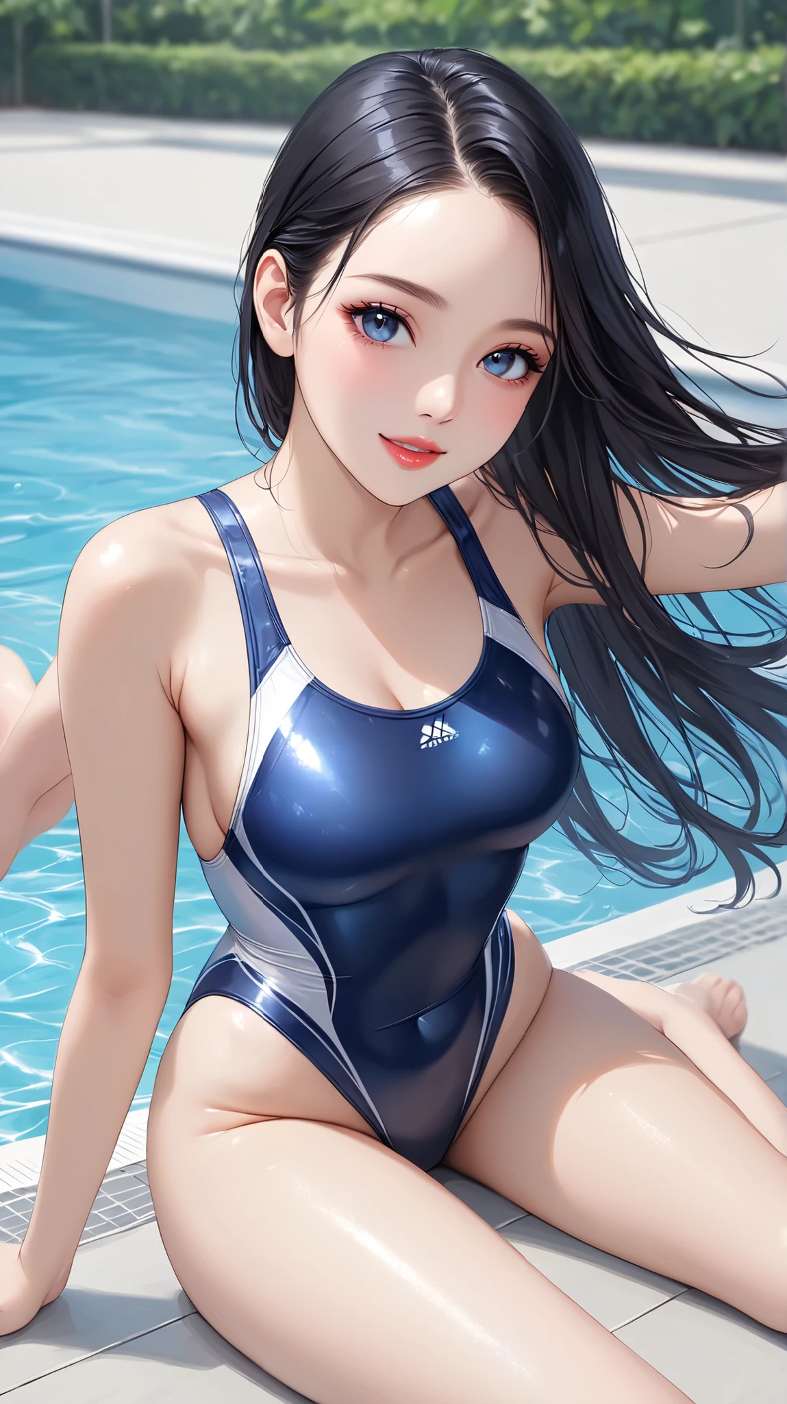 arafed asian woman in a Blue Bikini sitting on a ledge by a pool, Swimwear, is wearing a Swimwear, Yoshitomo Nara, A sophisticated gravure idol, It&#39;s hot with the shining sun, Young and cute gravure idol, Realistic young gravure idol, wet Swimwear, Young and skinny gravure idol, Blue Bikini, wearing two - piece Swimwear