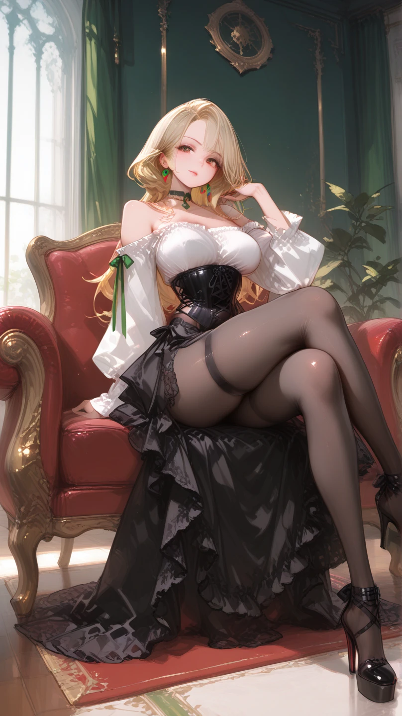 Highest quality,Highest Resolution,A beautiful blonde girl with a gorgeous smile,Full body close-up,looking at the camera,Large silver eyes,Green underwear,High leg,green garter belt,Green knee-high stockings,Purple Bedroom,Black bedding,ponytail,Purple curtains,