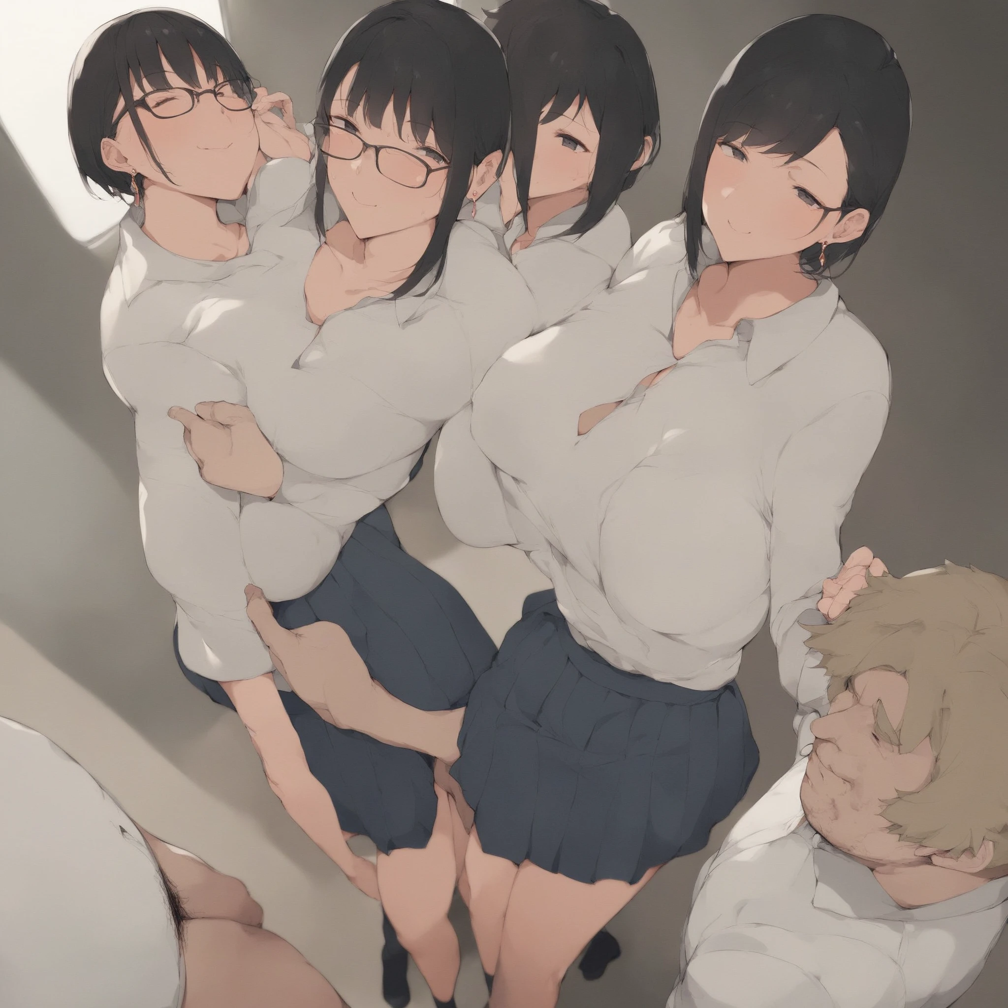 (3 boys), 2 girls hugging 1 boy from both sides., short hair, aroused face, gigantic breasts, bare shoulder, bare belly, bare thigh, standing, shot from head to thigh, (boy focus), POV