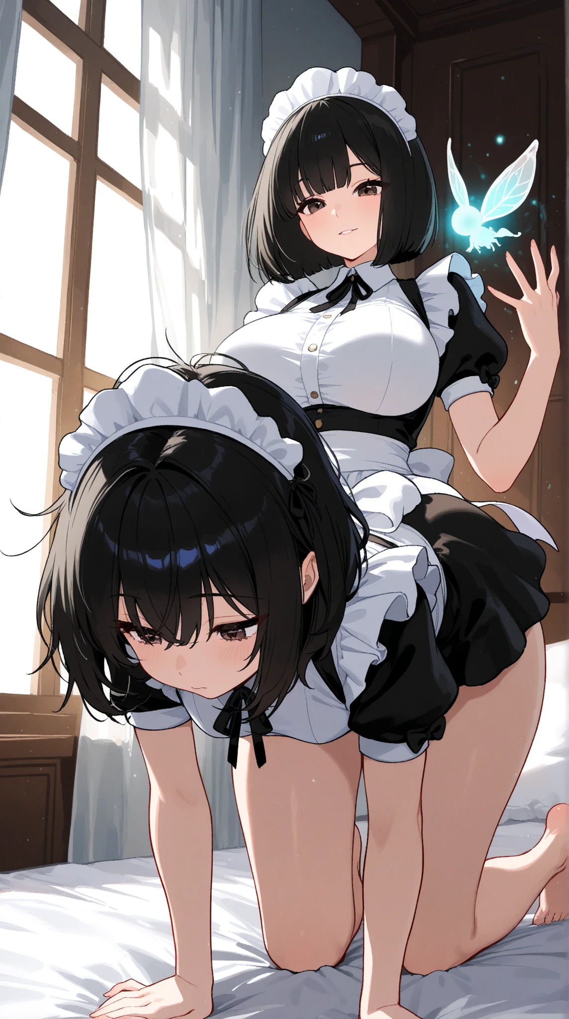 ((2 girls))、((smile))、blush、black shirt、blouse、((fun))、(small breasts)、Chirarism、black hair、(single braid)、((white apron:1.5))、((maid))、((hair ornaments)), thighs, 壊す in house, ((in house:1.5))、 BREAK looking at viewer、torn skirt,(grab the skirt:1.0)、 (perfect hands, perfect anatomy),cowboy shot、((shaved pussy:1.5))、(skirt that rolls up:1.3)、(Highly detailed labia fully exposed:1.5)、(Photo seen from below:1.3)、skirtlift
