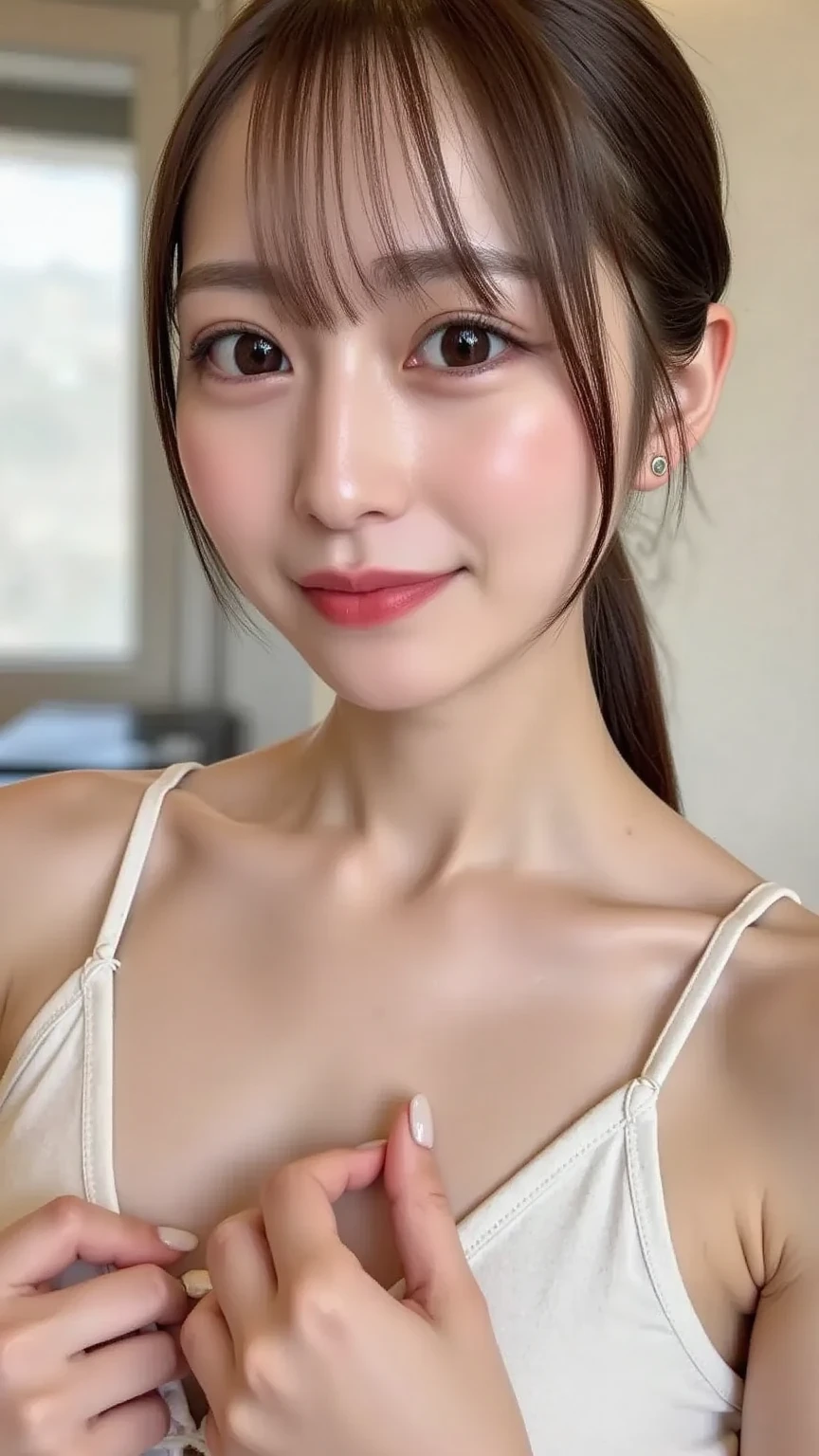 (masterpiece:1.3), (8k, photorealistic, raw photography, Superior image quality: 1.4), Japanese high school girls、(Random hairstyles:1.2)、chest neckline:1.2、Super detailed face、eye of detail、double eyelid、Gather your chest、sharp focus:1.2、Pretty Woman:1.4、light brown hair、premium、masterpiece、超High resolution、(photorealistic:1.4)、Professional and highly detailed lighting smile.、Loose and light knitwear、shoulder out、slender、serious facial expression、with short hair、fatal position