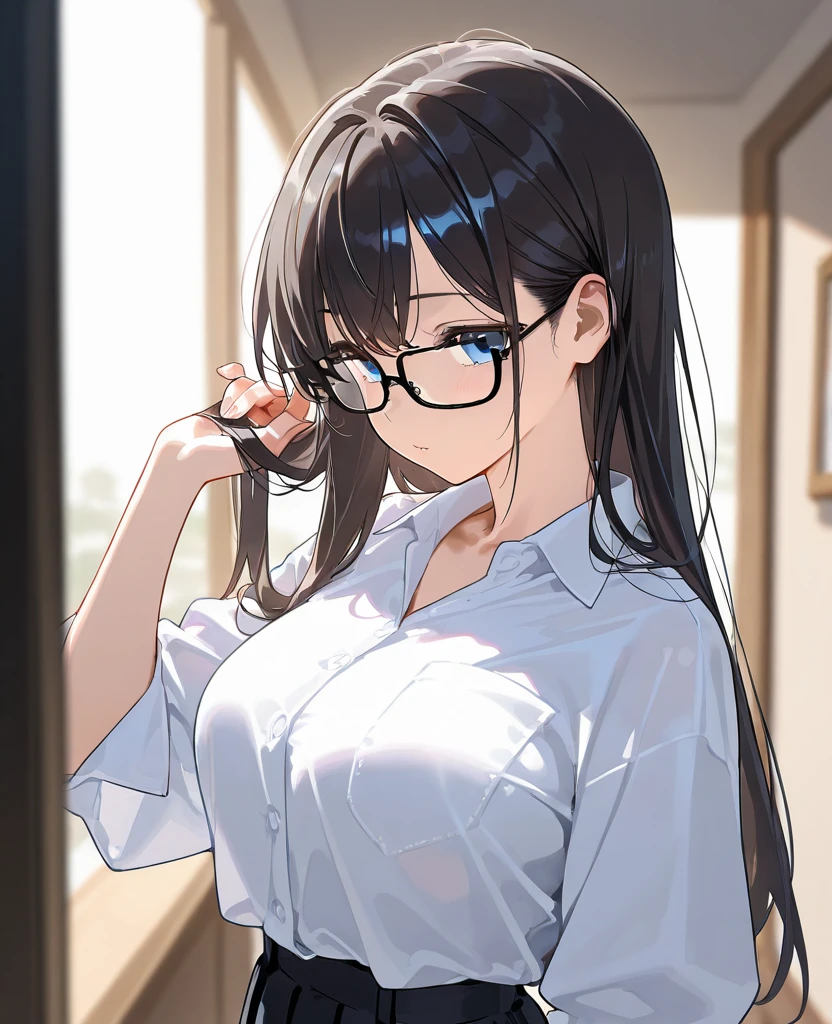 ((Master masterpiece)), ((Top image quality)), illustratio, The girls1Guys, Hair color, Bangs, Hairstyle Fax,Cat's ears、 slender、constricted hips、((Smaller chest))、A dark-haired、Simple white blouse、cafeteria、Iced tea and glasses、She looks at me with a smile.