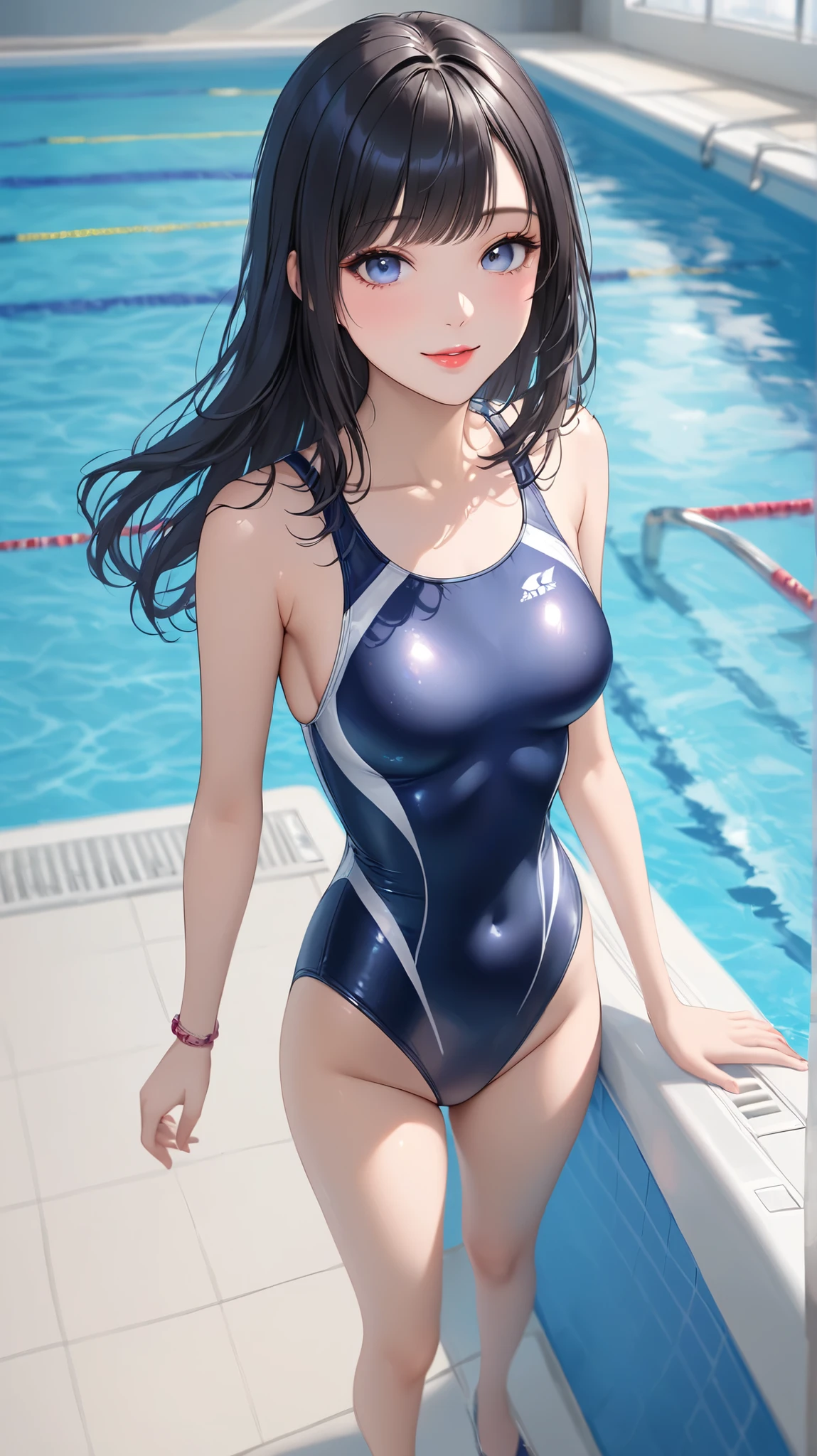 1lady solo, /(black long hair/) (competition swimsuit:1.2), mature female, blush kind smile, (masterpiece best quality:1.3) delicate illustration ultra-detailed, large breasts BREAK /(swimming pool indoors/)