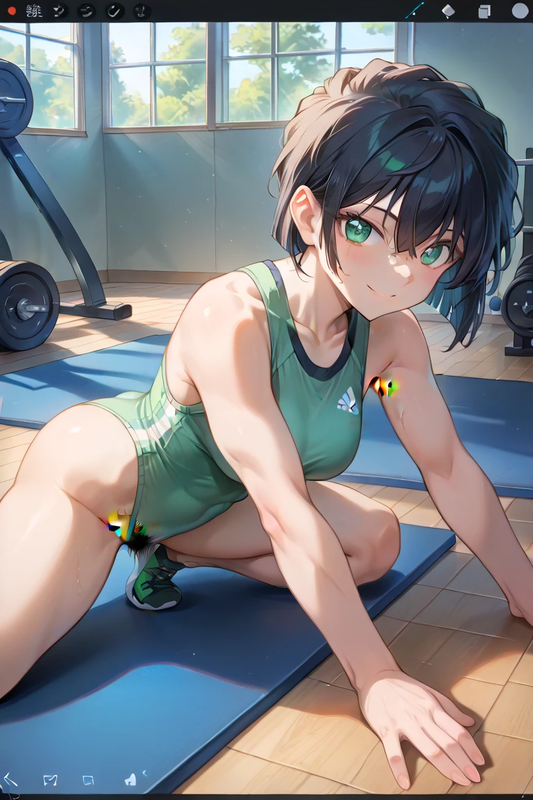 ((4K, master piece, Best Quality)), thop Beifong, 1girl ,( body ), small breasts, Cute, blush, running, white sports bra, bloomer, gym , sweat .standing.