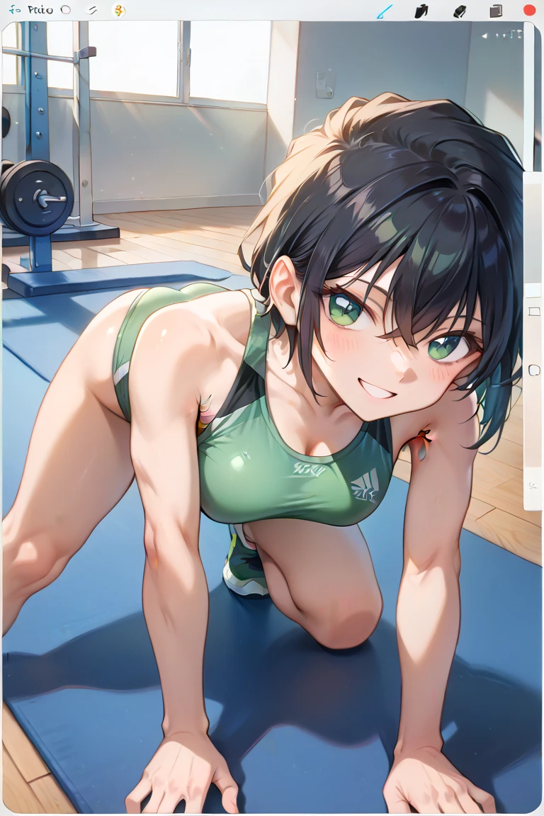 Green eyes, long black hair, crop top, white sweatpants, female karate, hair tie, sneakers, white stockings, muscles, sweating